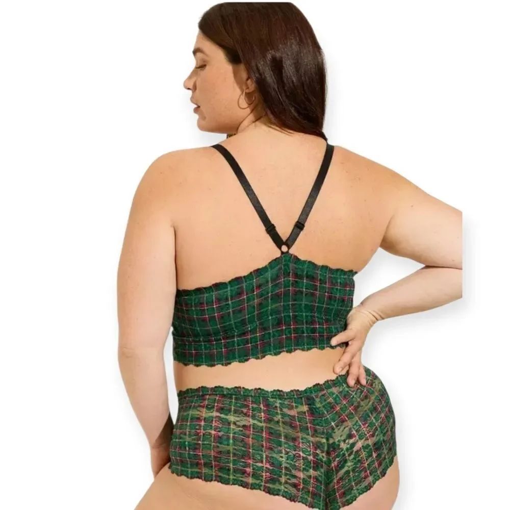 4X 26W Torrid Green Plaid Lightly Lined Lace Front Bralette Panty Set Cheeky NWT - Picture 2 of 8